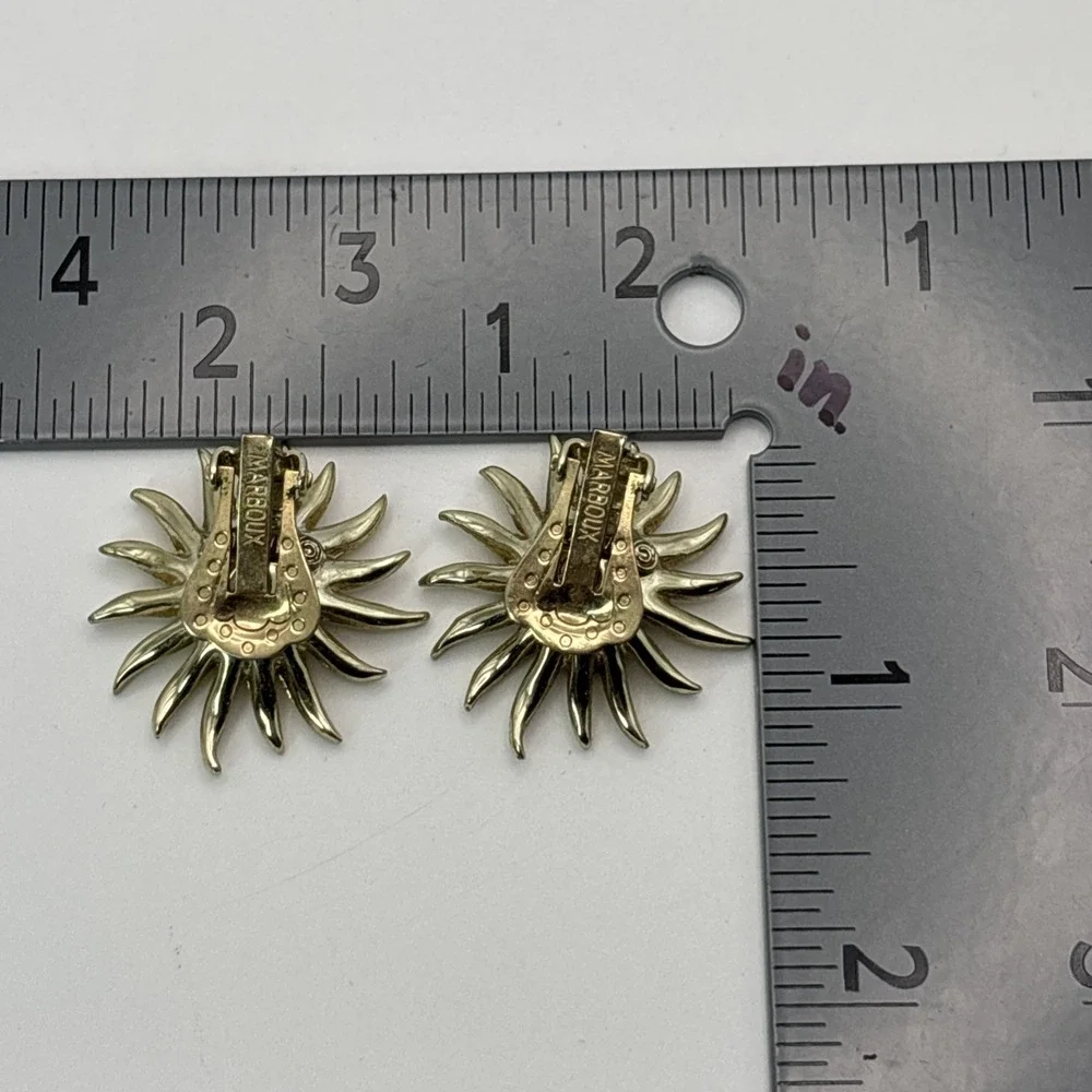 Vintage Marboux Clip On Gold Tone Earrings Sun Sunburst Flower Rhinestones